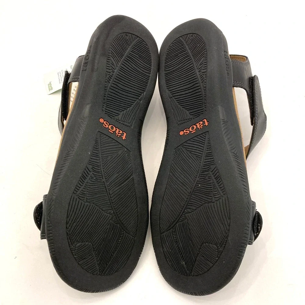 Taos The Show Sandals Black Leather T-Strap Womens 7 Padded Hook & Loop Open Toe